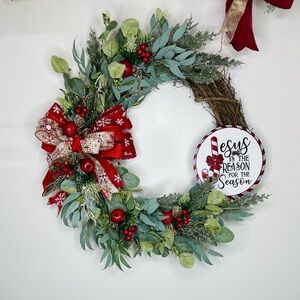 Festive Holiday Wreath with Red Accents